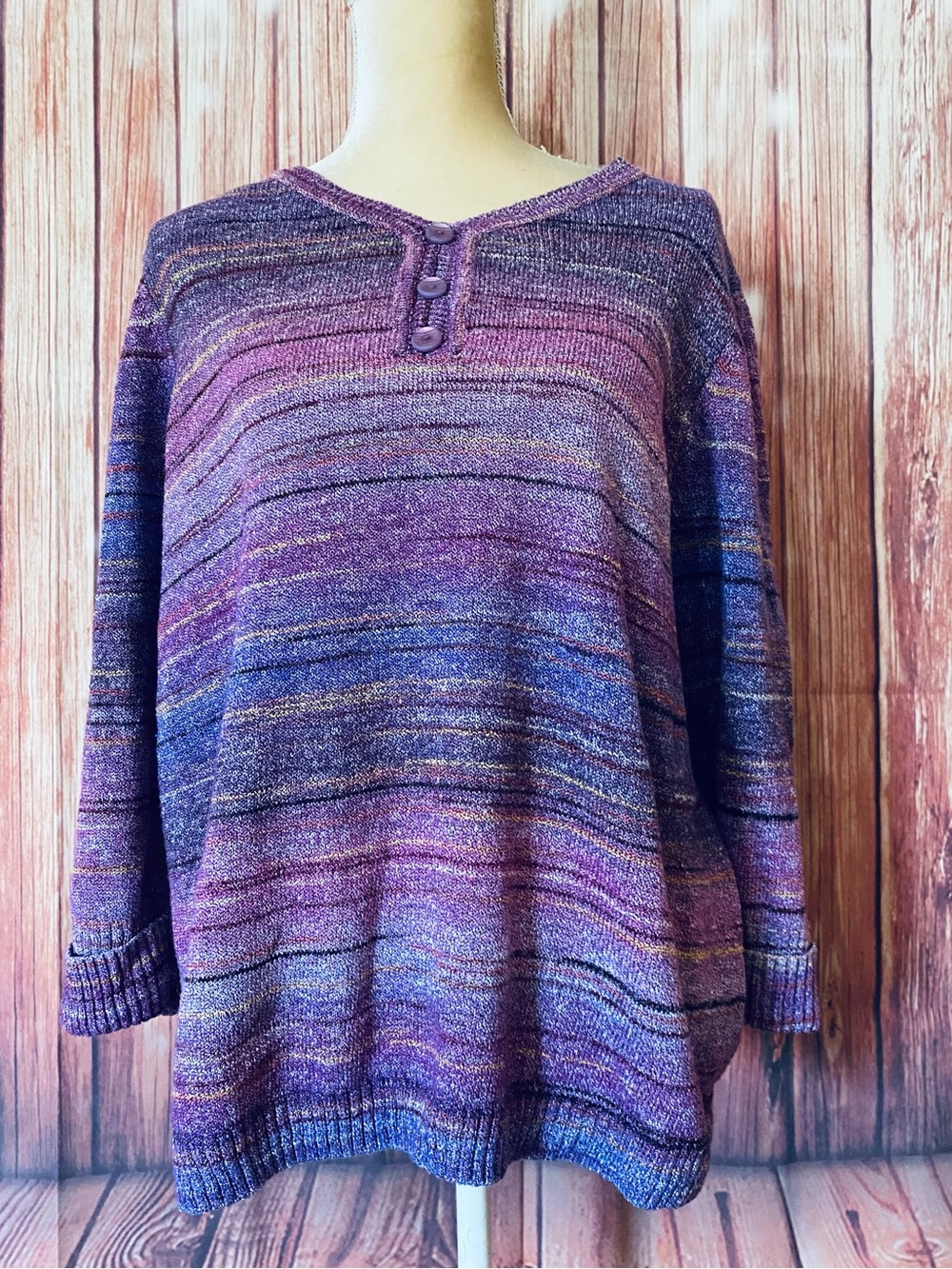 Women’s 1X Sweater CJ Banks Purple Multicolored 3/4 Sleeves Medium Weight Knit
